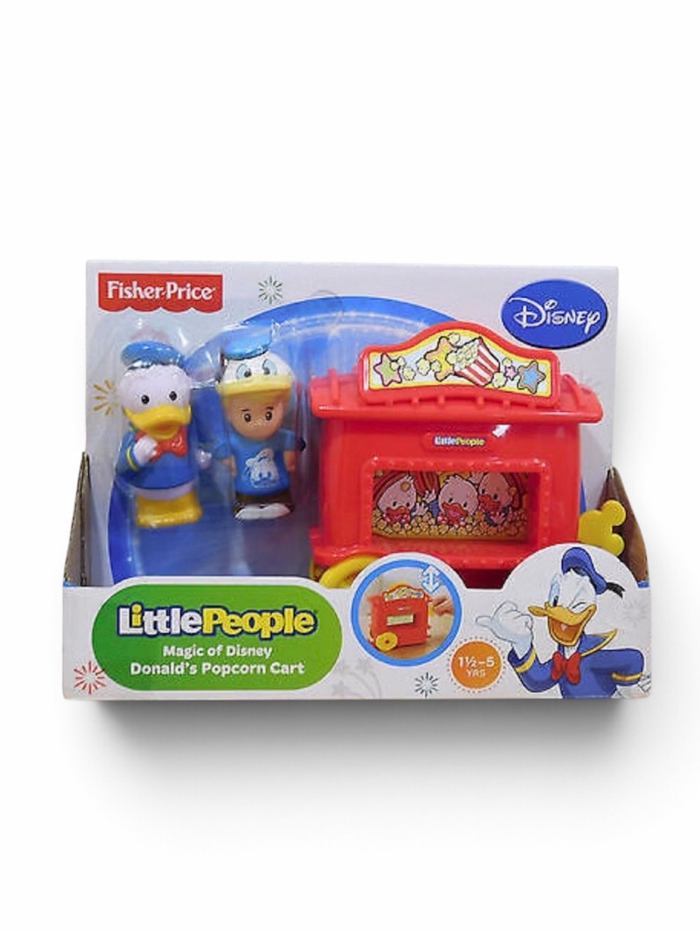 RARE NIB 2014 Disney Fisher Price Little People Donald Duck Popcorn Cart BGC87